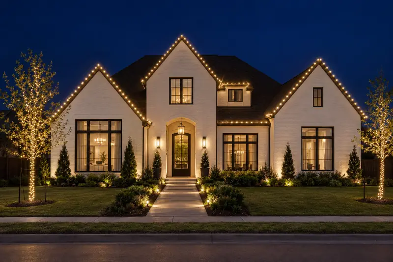 Newer build home near Frisco TX with crisp warm white roofline Christmas lighting