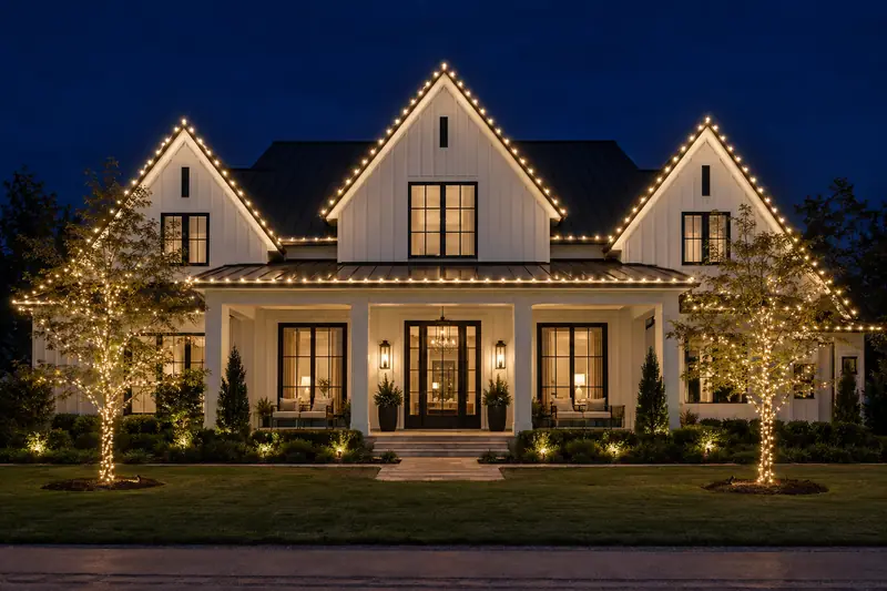 Modern farmhouse in Southlake TX with warm white roofline Christmas lights along every gable