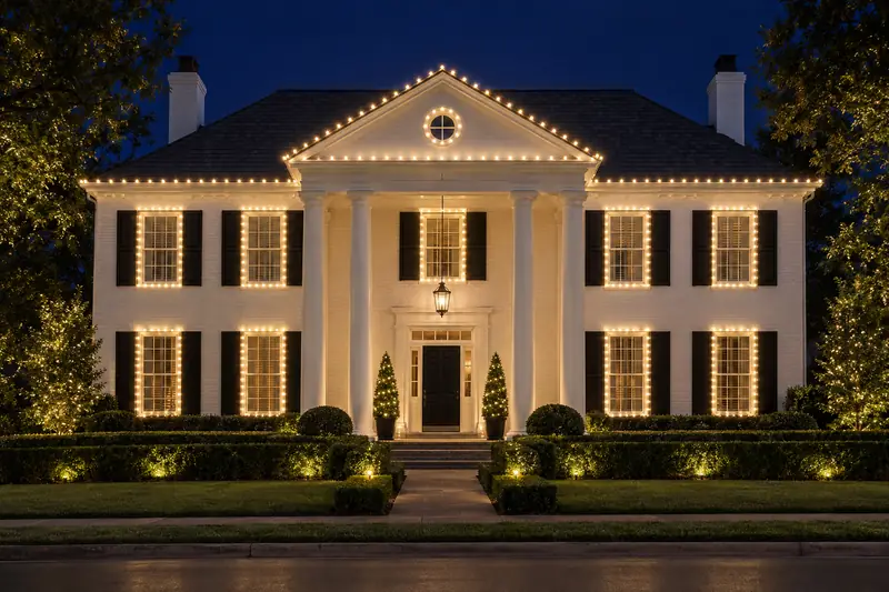 University Park TX colonial home with roofline Christmas lighting and lit entry garland