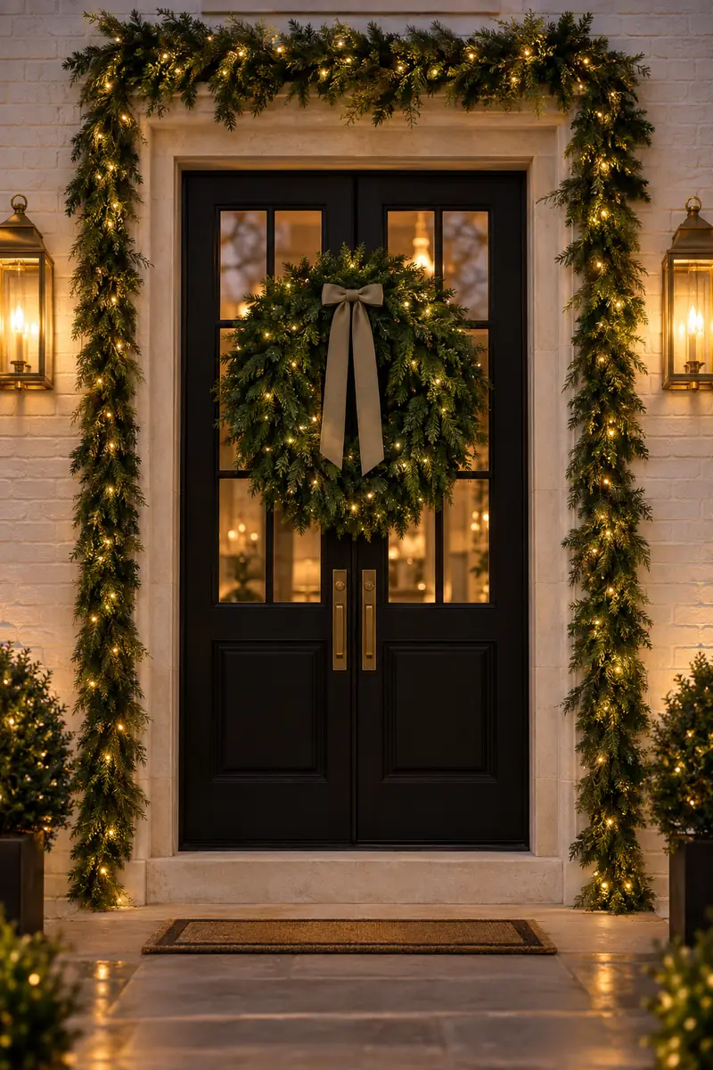 Lit holiday garland and a large wreath mounted above the front entry of an upscale home
